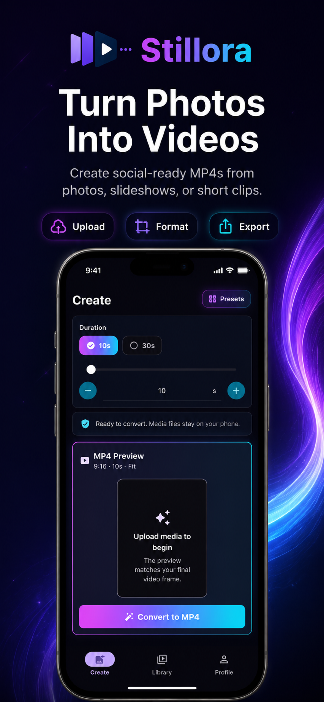 Stillora mobile app — Create screen