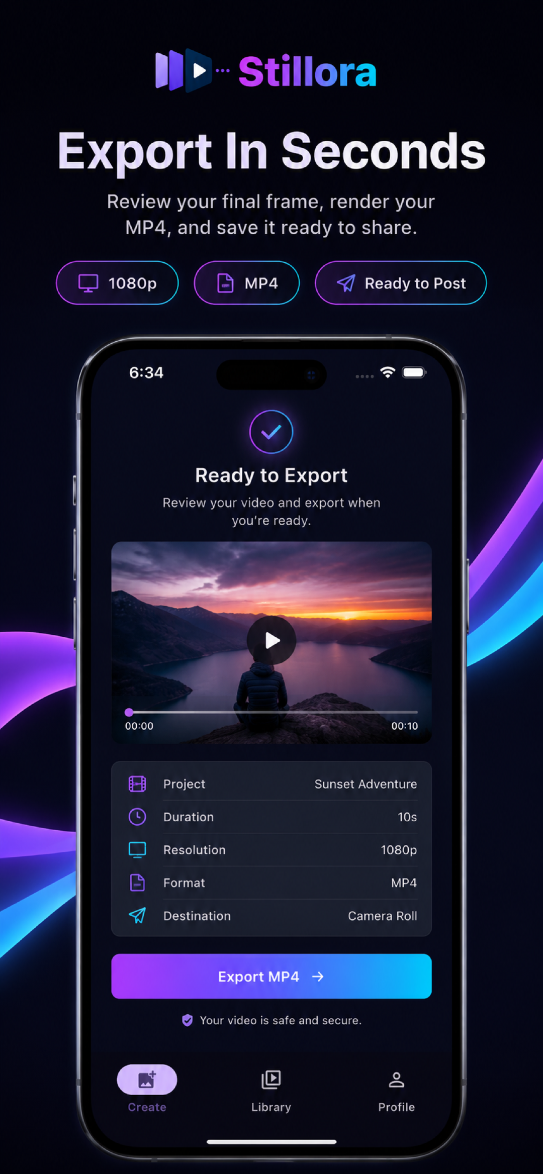 Stillora mobile app — Export screen with an Export MP4 button