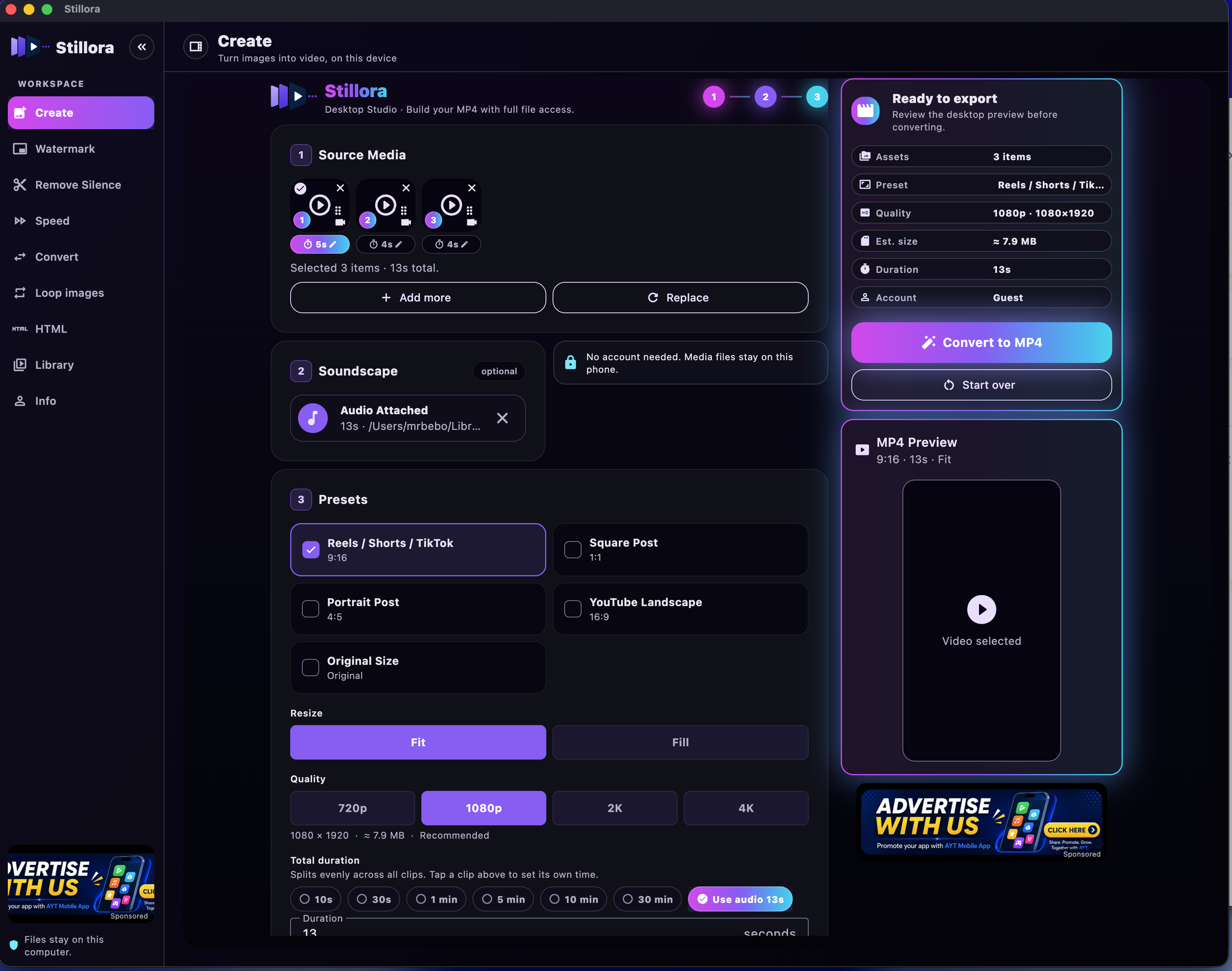 Stillora Desktop Studio — source media, presets and a live 9:16 MP4 preview